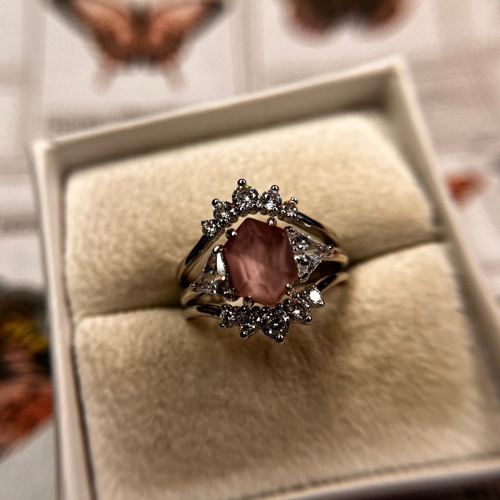 Bomb Party "Everyday Magic" Lab Created Grey Pink Moonstone + Rhodium Plating